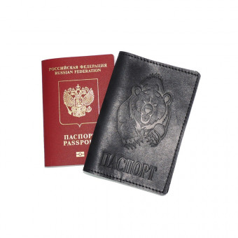 Обложка для паспорта кожаная Черный, Медведь злой